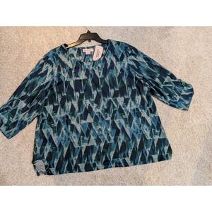 ALLISON DALEY 3X Relaxed Fit‎ 3/4 Sleeve Top Blouse Blue Green Rhinestones